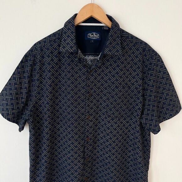 Nat Nast Silk Blend Navy Patterned Short Sleeve Button Up Shirt Mens Size L - Picture 3 of 8